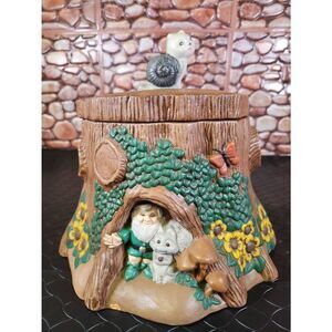 Vintage Rare Hand Painted Ceramic Cookie Jar Gnome Tree House W/ Snail Mushroom